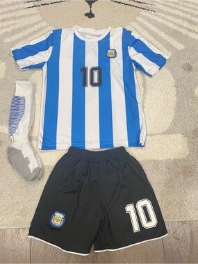 Kids Blue and White Striped Soccer Jersey & Black Shorts Set - Number 10